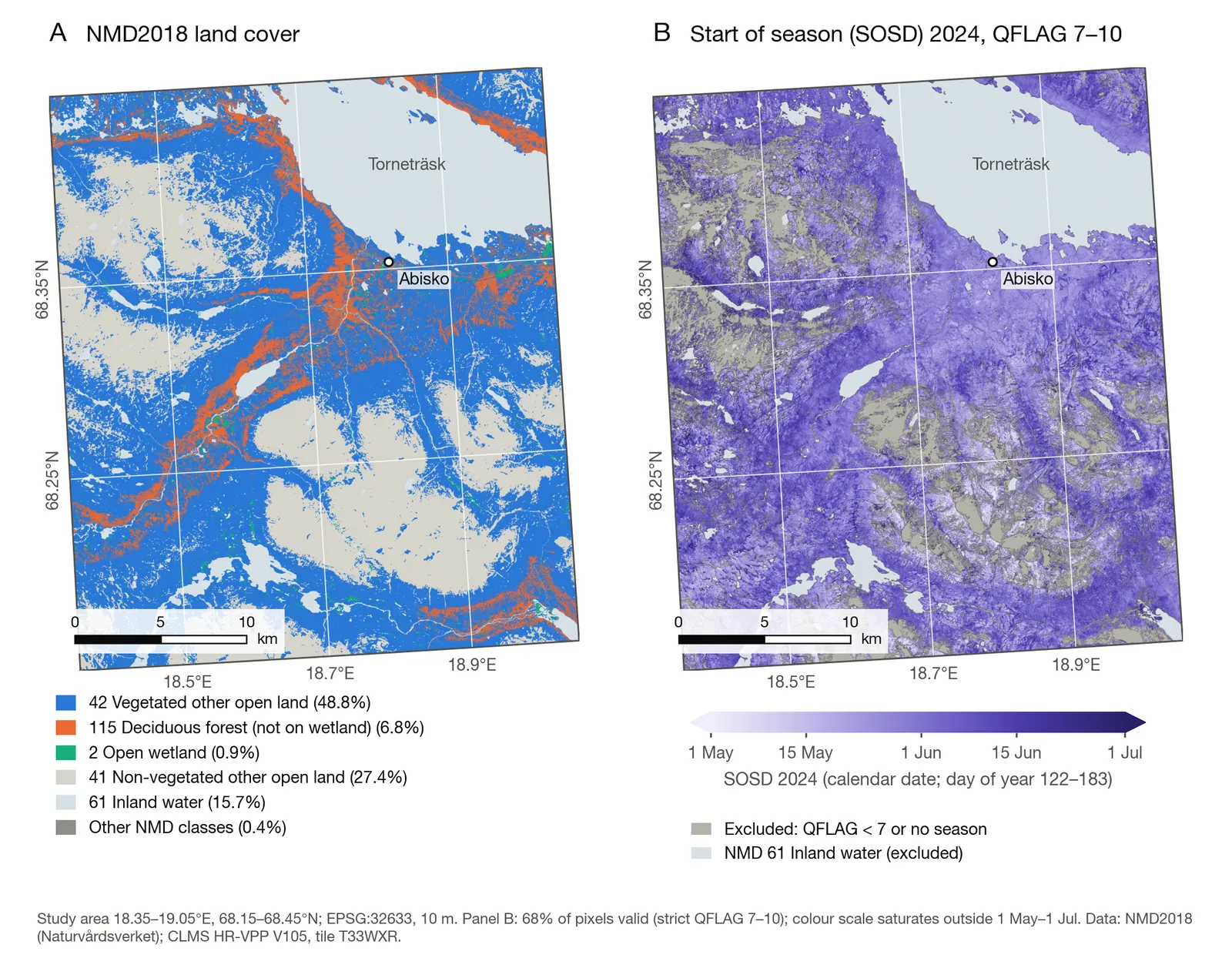 Land cover and start of the 2024 growing season around Abisko, Sweden